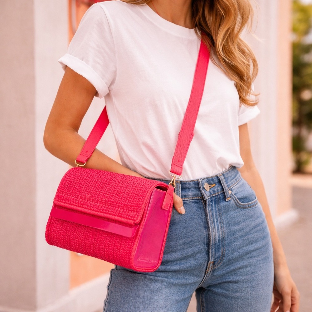 Vintage Bright Pink Woven Acrylic Panel Box Crossbody Bag Girly Barbie Flirty